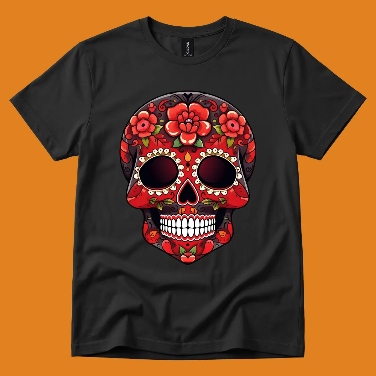 A detailed red floral sugar skull calavera illustration, adorned with bright red roses, green leaves, white teeth, and yellow accents.
