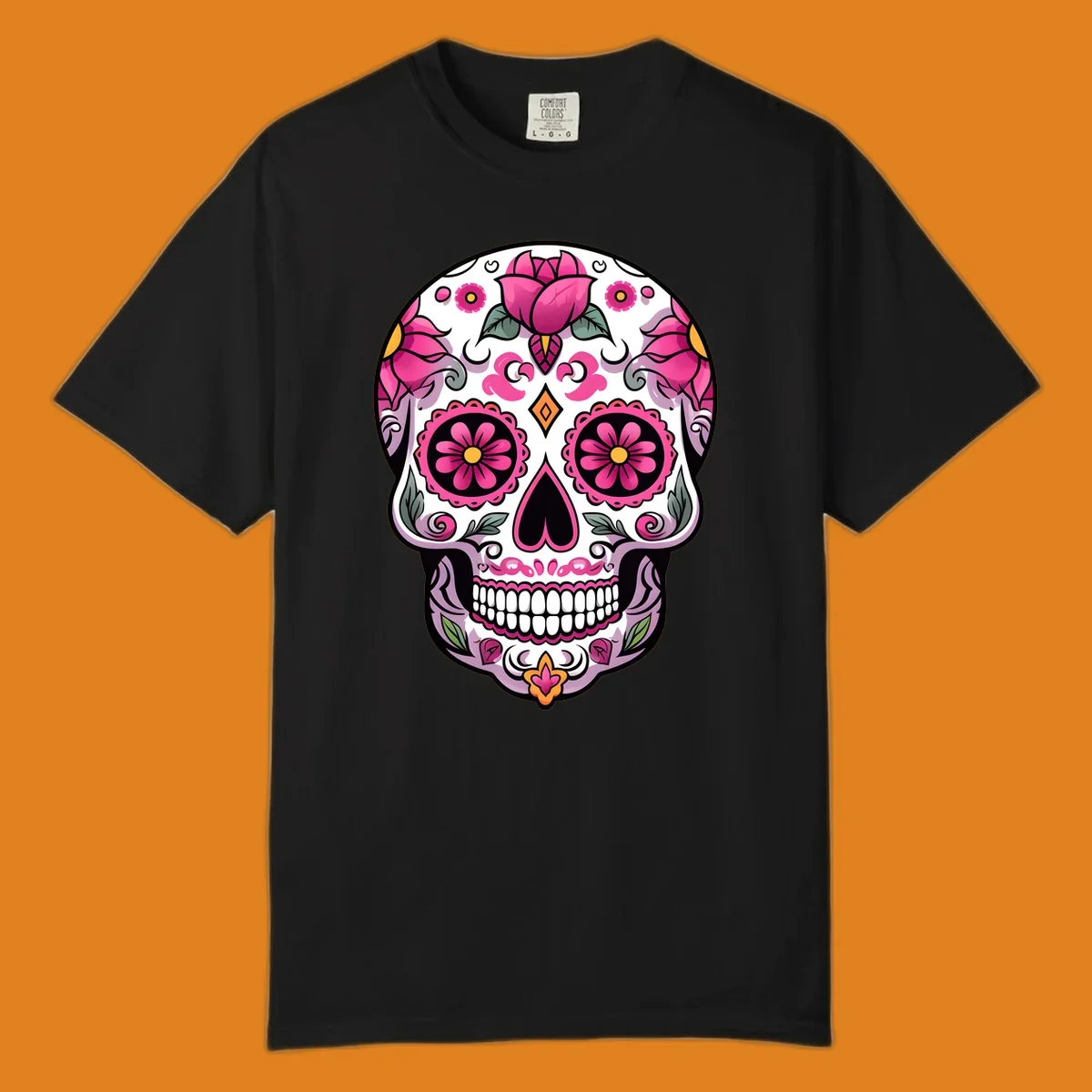 A vibrant pink floral calavera sugar skull illustration with roses, swirls, and a heart-shaped nose.