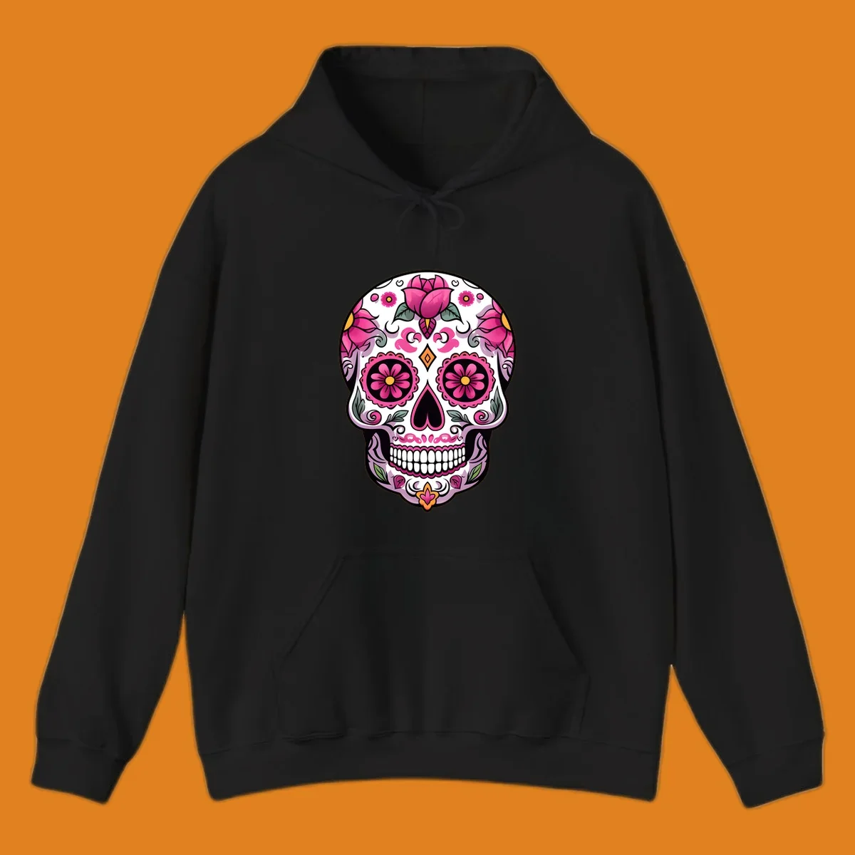 A vibrant pink floral calavera sugar skull illustration with roses, swirls, and a heart-shaped nose.
