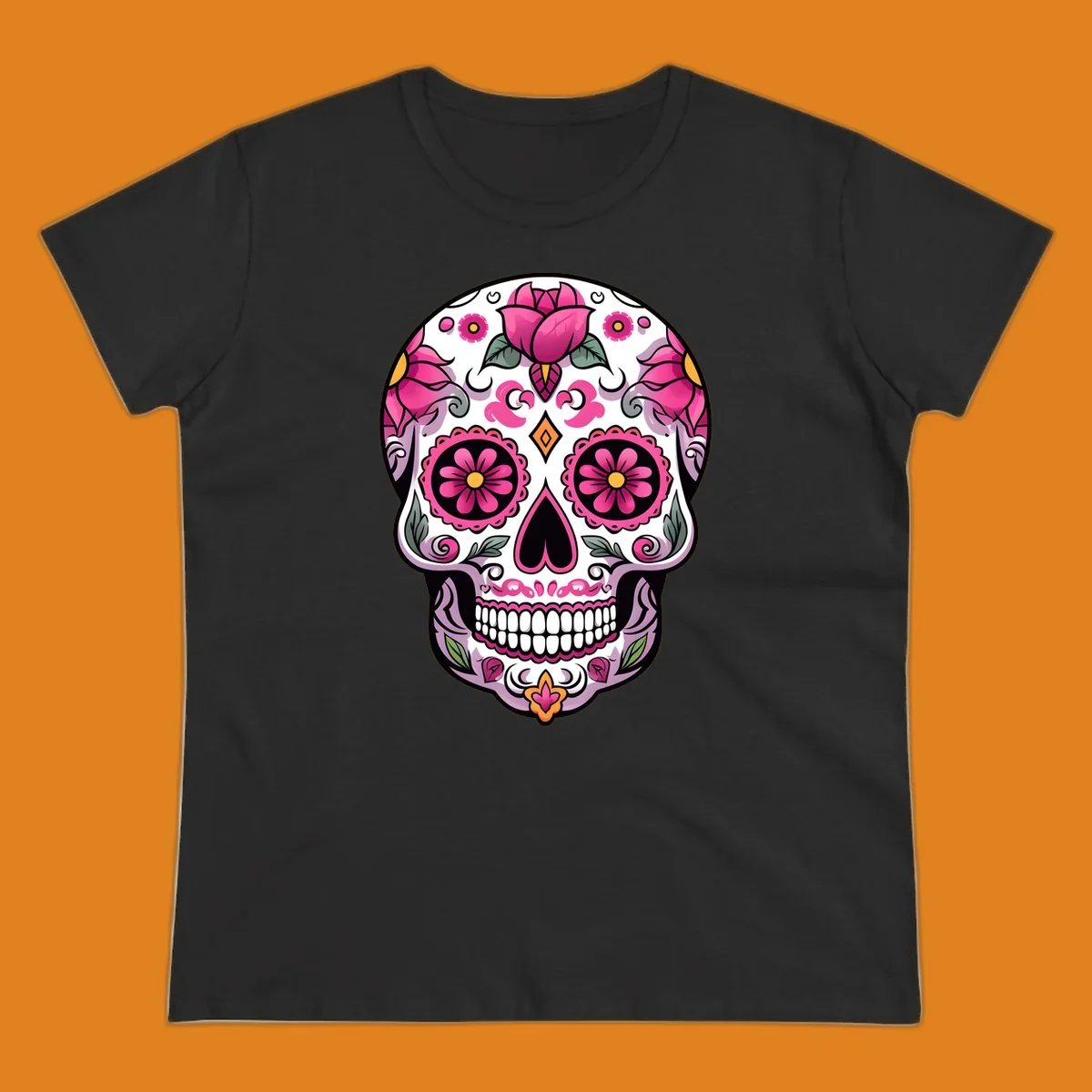 A vibrant pink floral calavera sugar skull illustration with roses, swirls, and a heart-shaped nose.