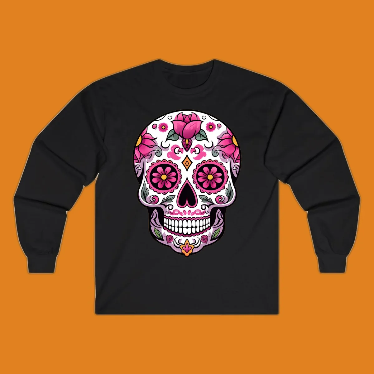 A vibrant pink floral calavera sugar skull illustration with roses, swirls, and a heart-shaped nose.