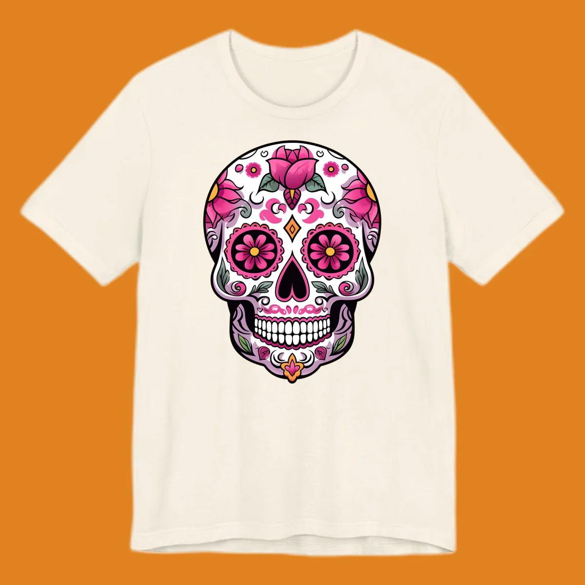 A vibrant pink floral calavera sugar skull illustration with roses, swirls, and a heart-shaped nose.