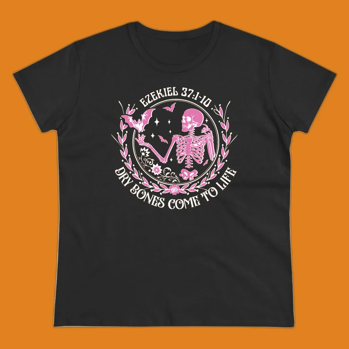Pink skeleton and bats with text 'Dry Bones Come To Life' from Ezekiel scripture.