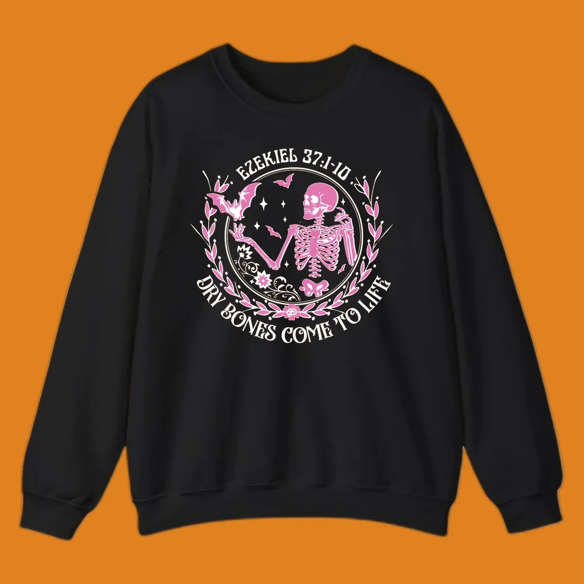 Pink skeleton and bats with text 'Dry Bones Come To Life' from Ezekiel scripture.