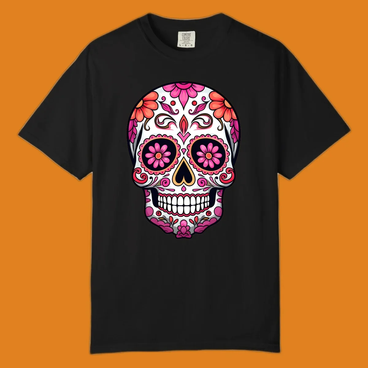 A vibrant ornate floral calavera skull with pink and coral flowers and intricate black and gold details on a white background.