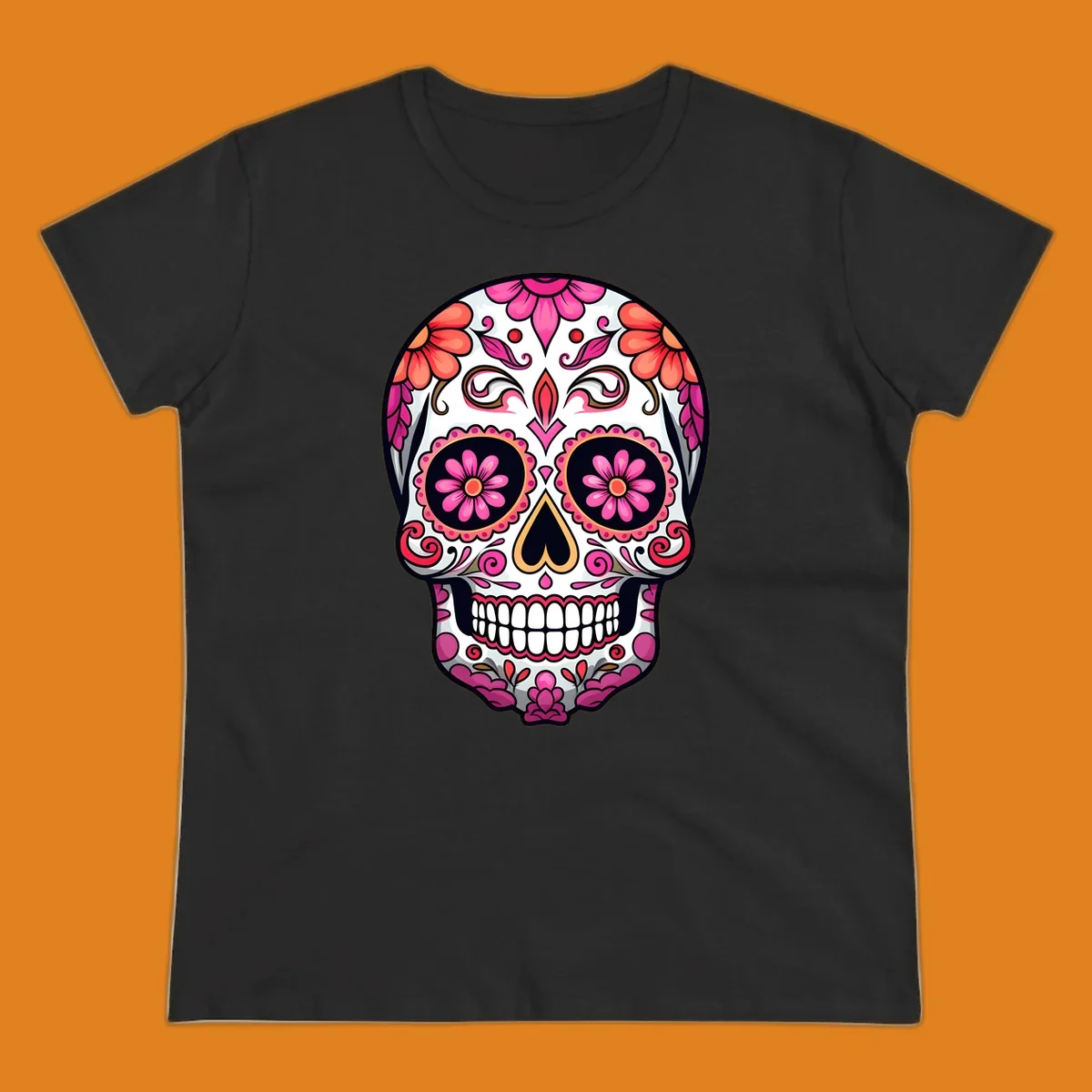 A vibrant ornate floral calavera skull with pink and coral flowers and intricate black and gold details on a white background.