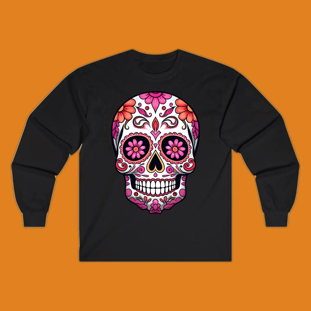 A vibrant ornate floral calavera skull with pink and coral flowers and intricate black and gold details on a white background.