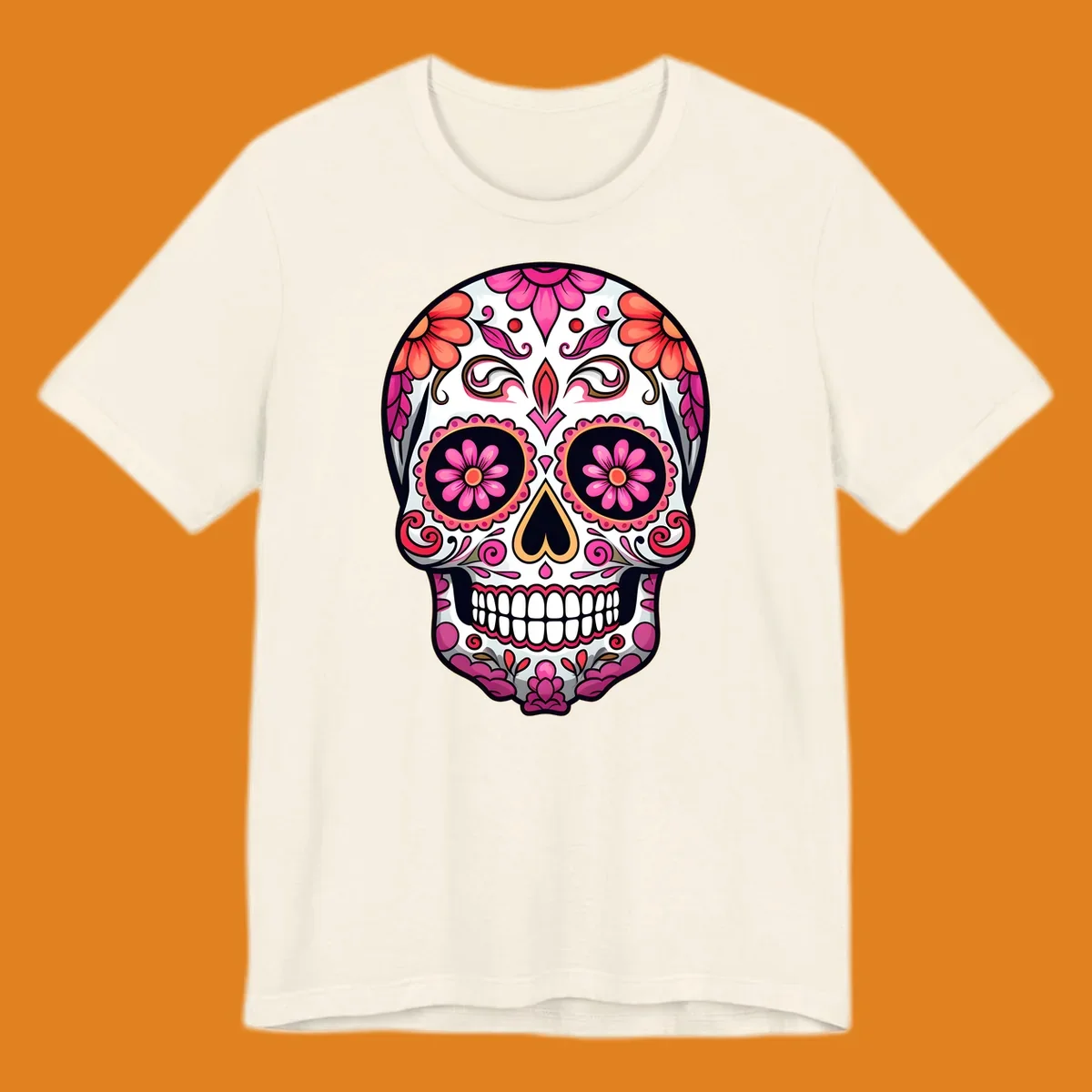 A vibrant ornate floral calavera skull with pink and coral flowers and intricate black and gold details on a white background.