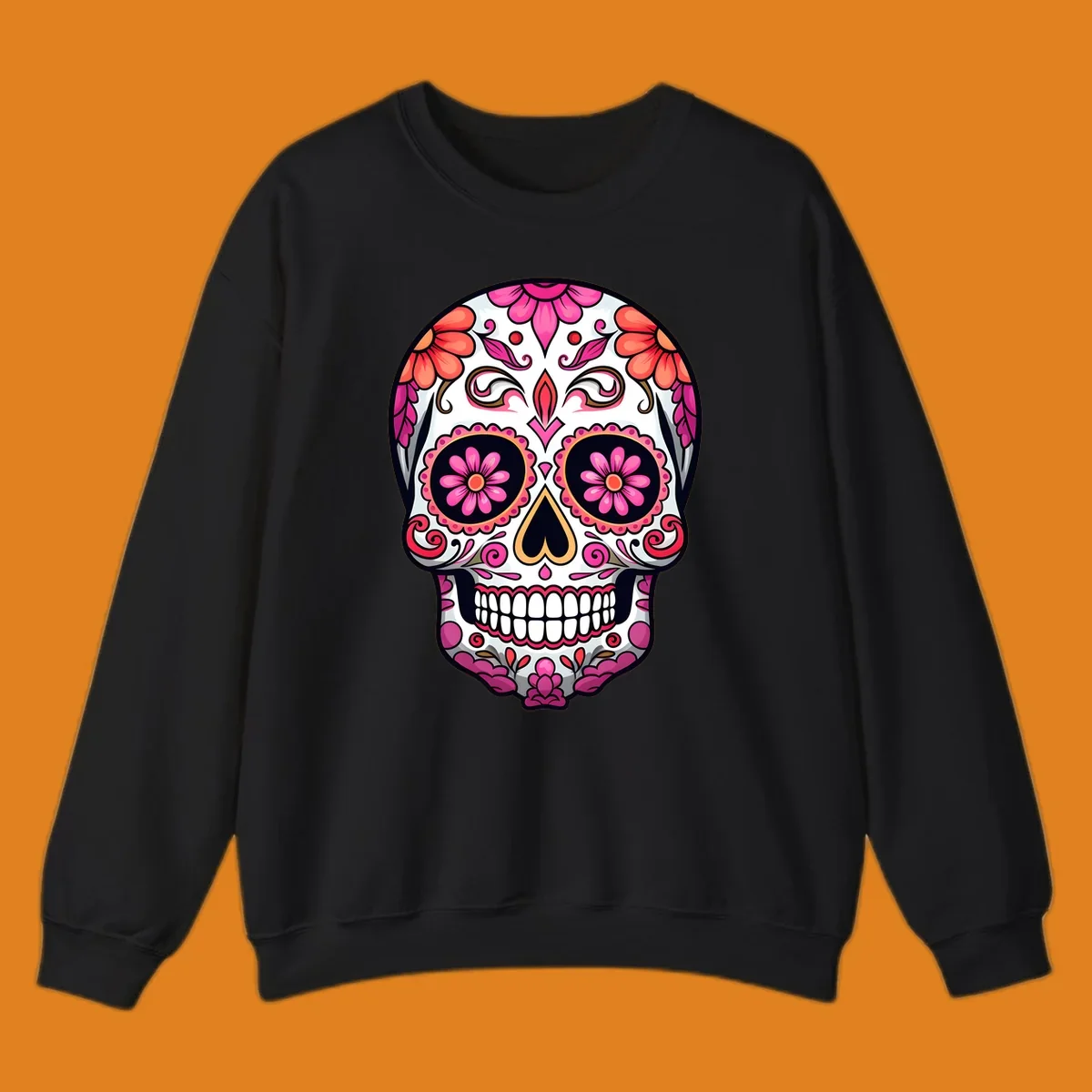 A vibrant ornate floral calavera skull with pink and coral flowers and intricate black and gold details on a white background.