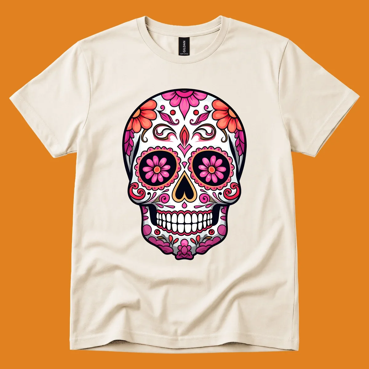 A vibrant ornate floral calavera skull with pink and coral flowers and intricate black and gold details on a white background.