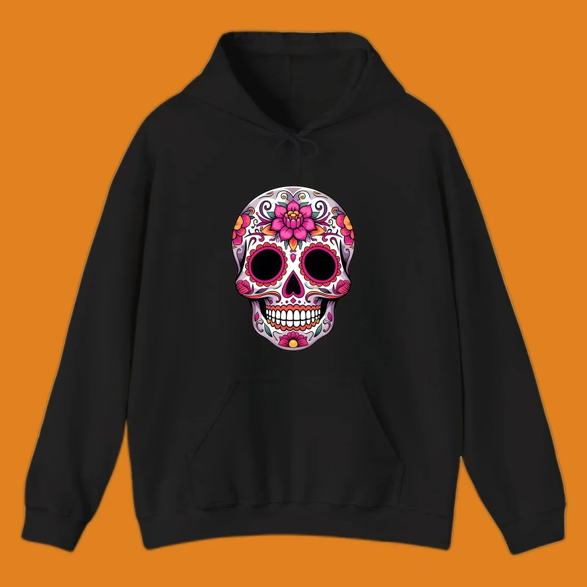 A vibrant, intricately decorated calavera sugar skull featuring pink lotus flowers, orange accents, and elegant scrollwork.