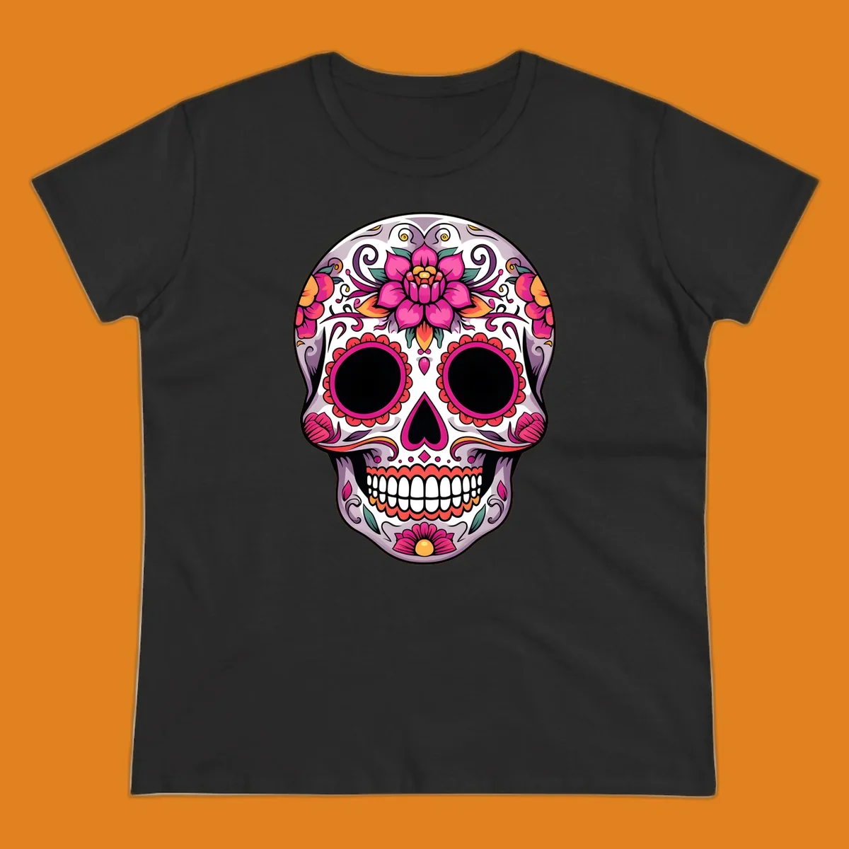 A vibrant, intricately decorated calavera sugar skull featuring pink lotus flowers, orange accents, and elegant scrollwork.
