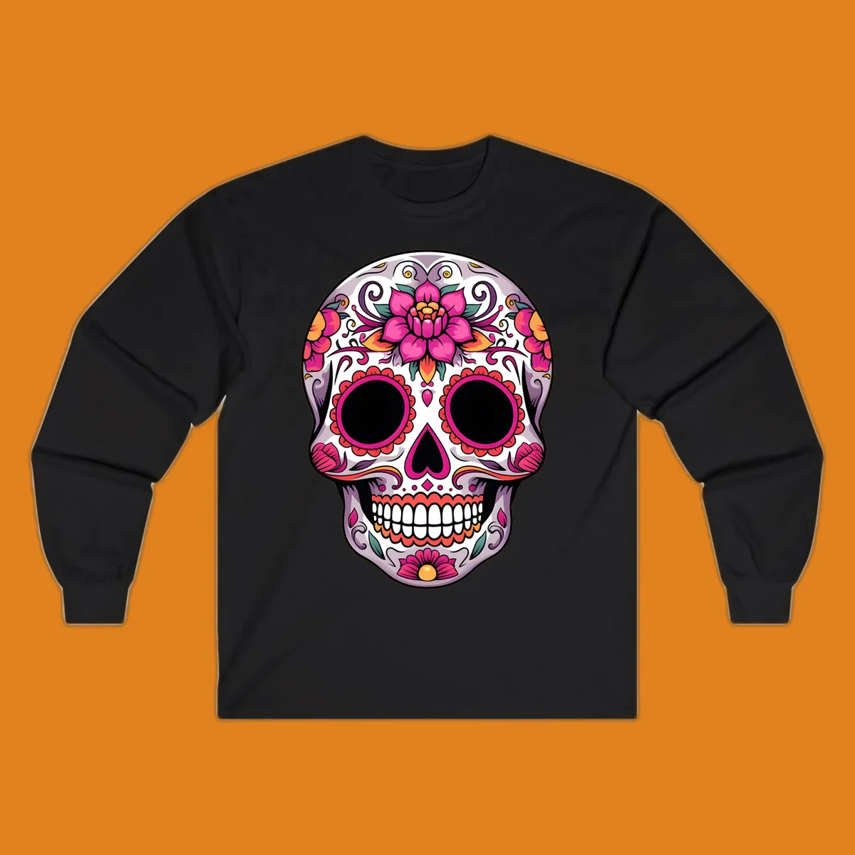 A vibrant, intricately decorated calavera sugar skull featuring pink lotus flowers, orange accents, and elegant scrollwork.