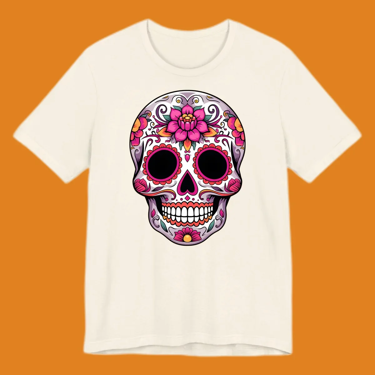 A vibrant, intricately decorated calavera sugar skull featuring pink lotus flowers, orange accents, and elegant scrollwork.