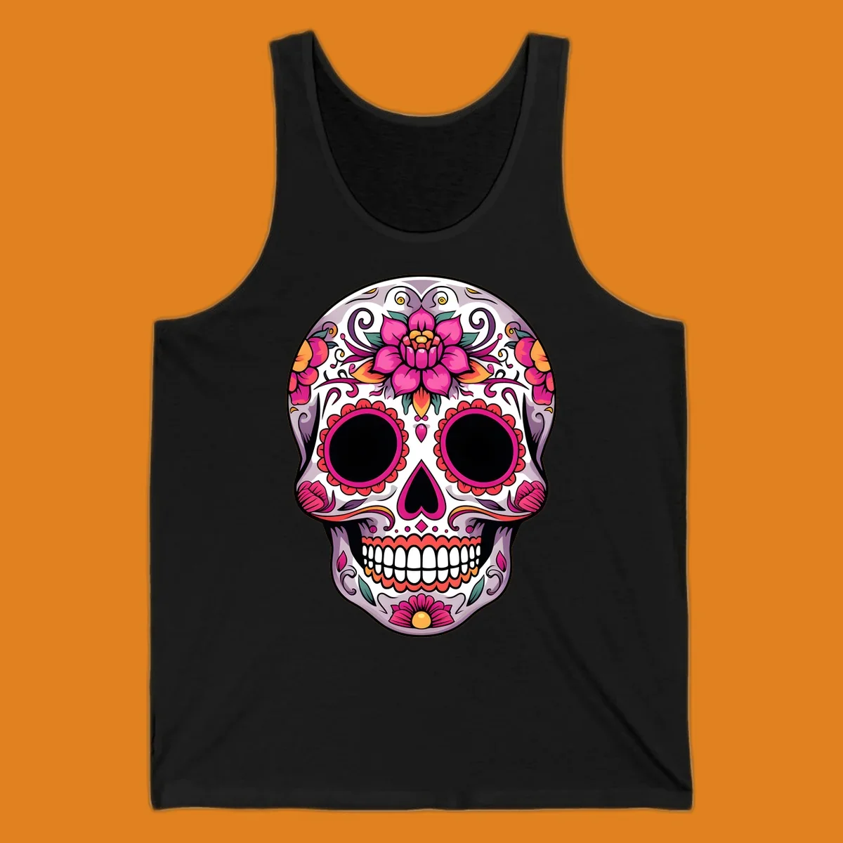 A vibrant, intricately decorated calavera sugar skull featuring pink lotus flowers, orange accents, and elegant scrollwork.