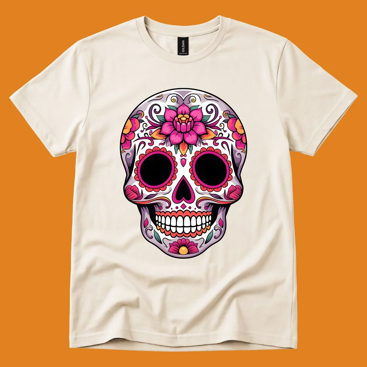 A vibrant, intricately decorated calavera sugar skull featuring pink lotus flowers, orange accents, and elegant scrollwork.