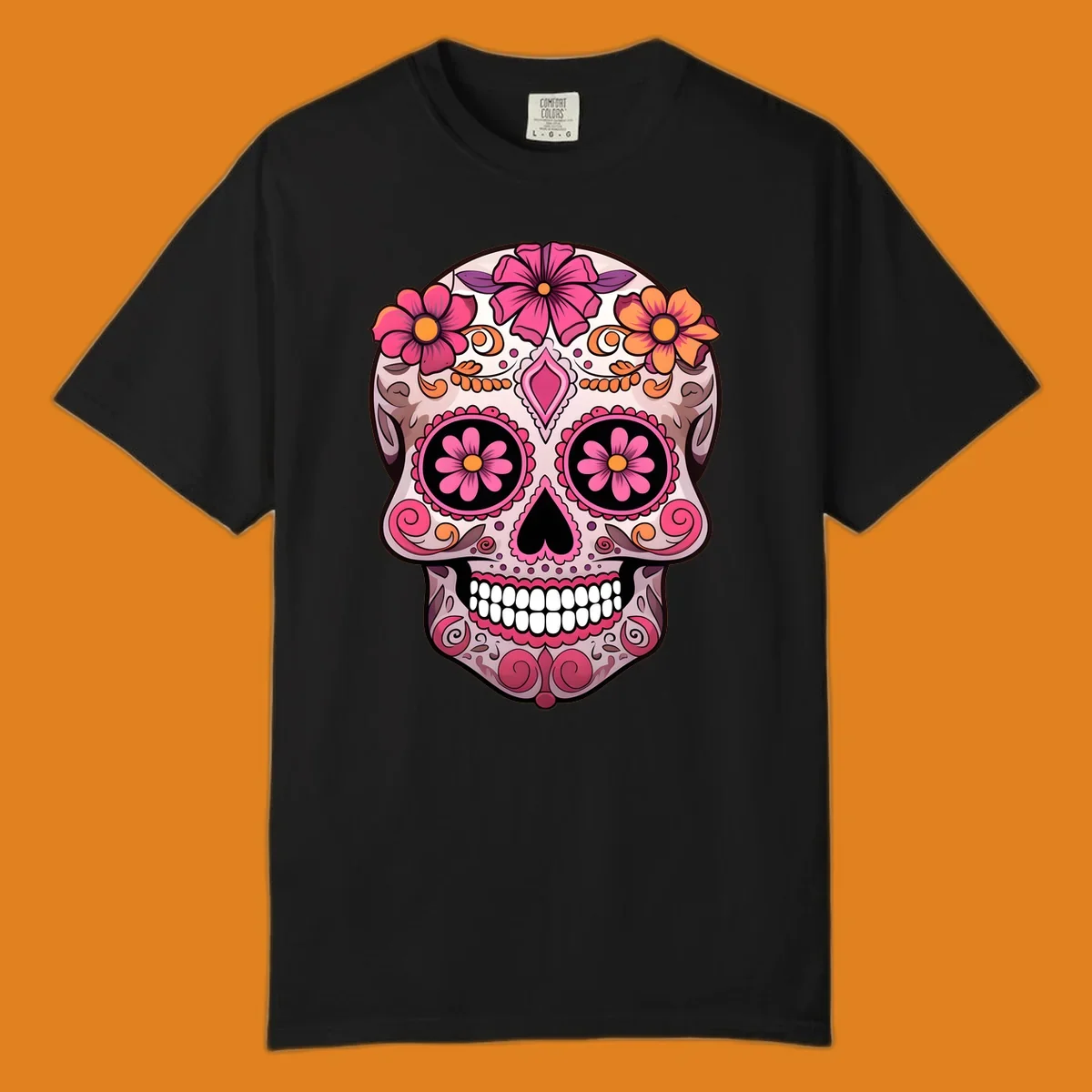 An ornate floral sugar skull calavera with pink and orange flowers, intricate swirls, and decorative patterns.