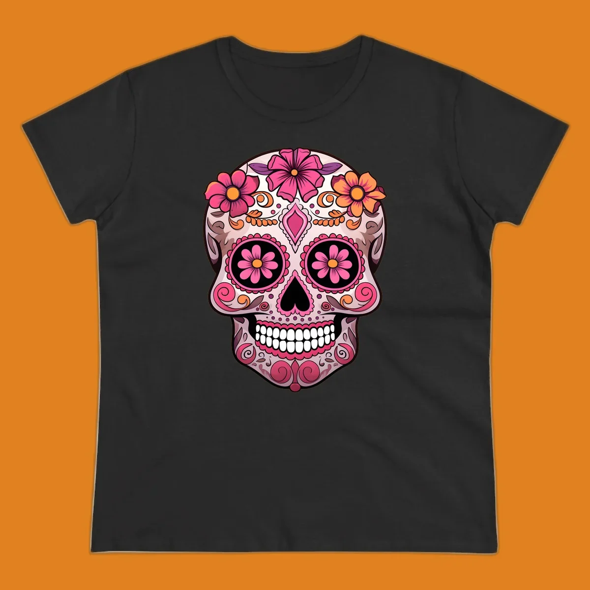 An ornate floral sugar skull calavera with pink and orange flowers, intricate swirls, and decorative patterns.
