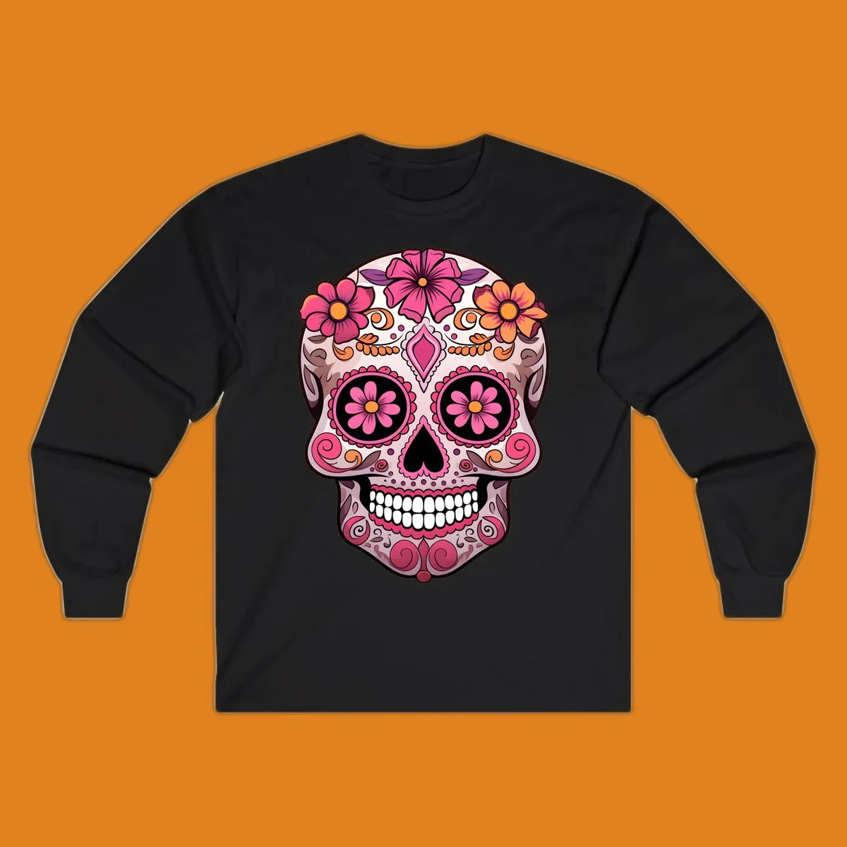 An ornate floral sugar skull calavera with pink and orange flowers, intricate swirls, and decorative patterns.