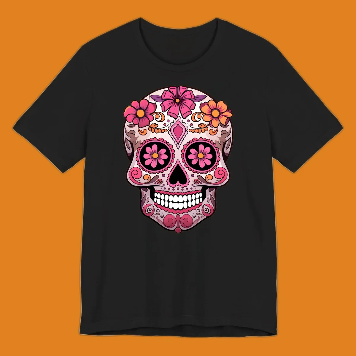 An ornate floral sugar skull calavera with pink and orange flowers, intricate swirls, and decorative patterns.