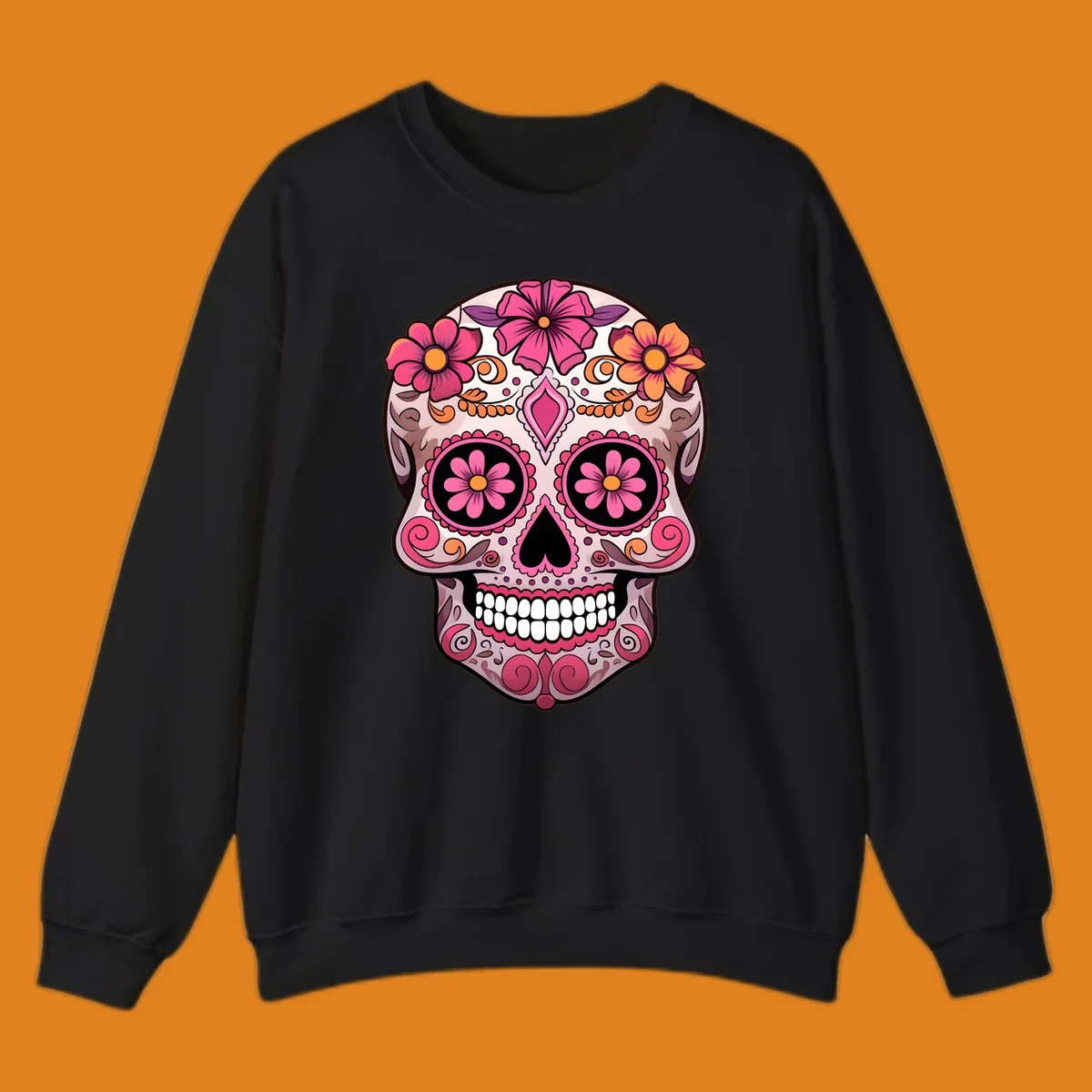 An ornate floral sugar skull calavera with pink and orange flowers, intricate swirls, and decorative patterns.