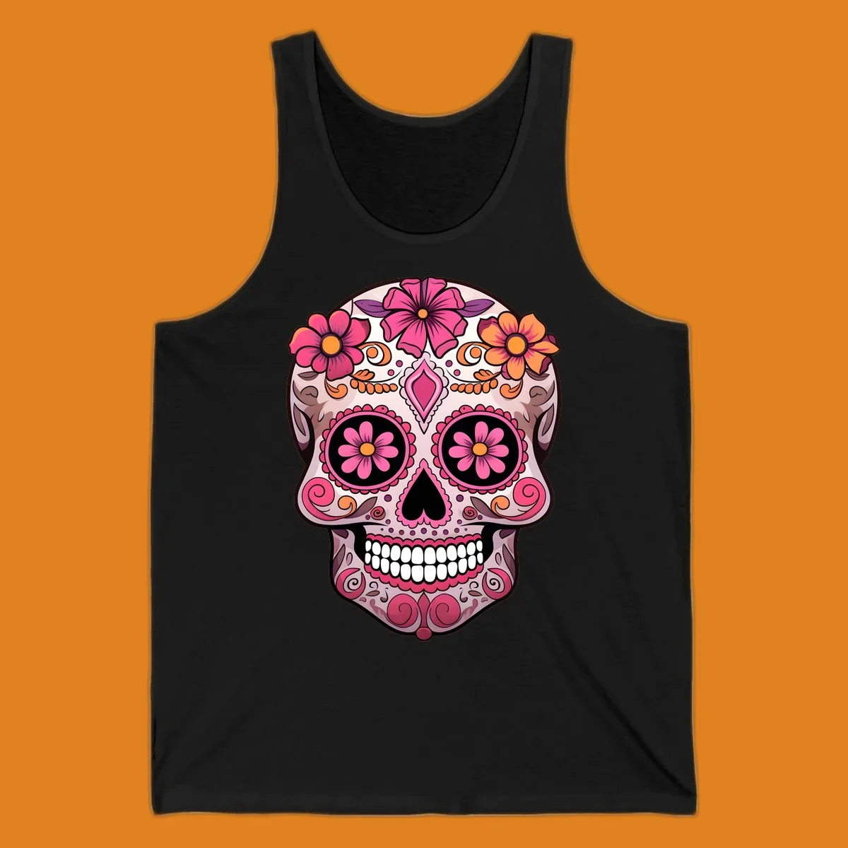 An ornate floral sugar skull calavera with pink and orange flowers, intricate swirls, and decorative patterns.