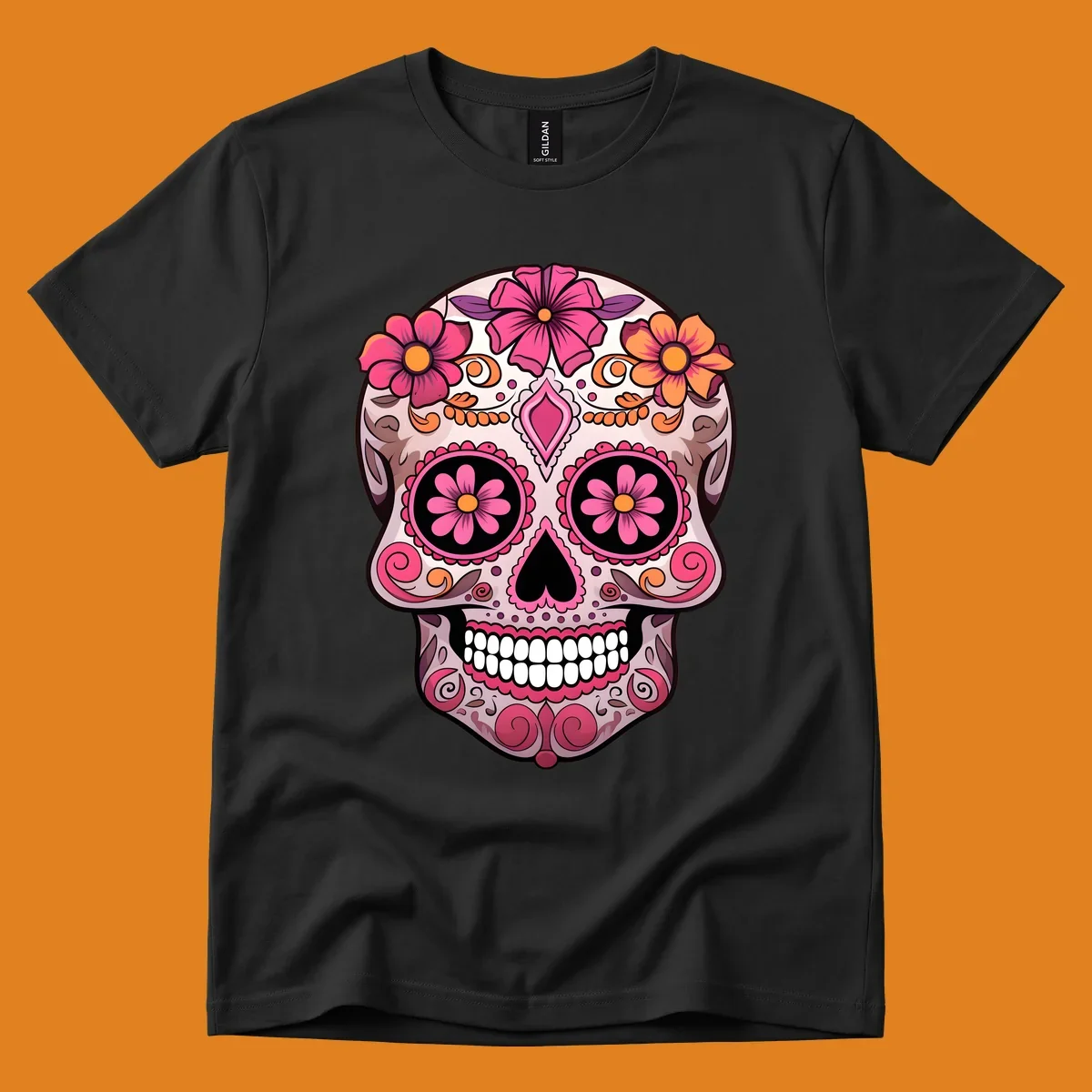 An ornate floral sugar skull calavera with pink and orange flowers, intricate swirls, and decorative patterns.