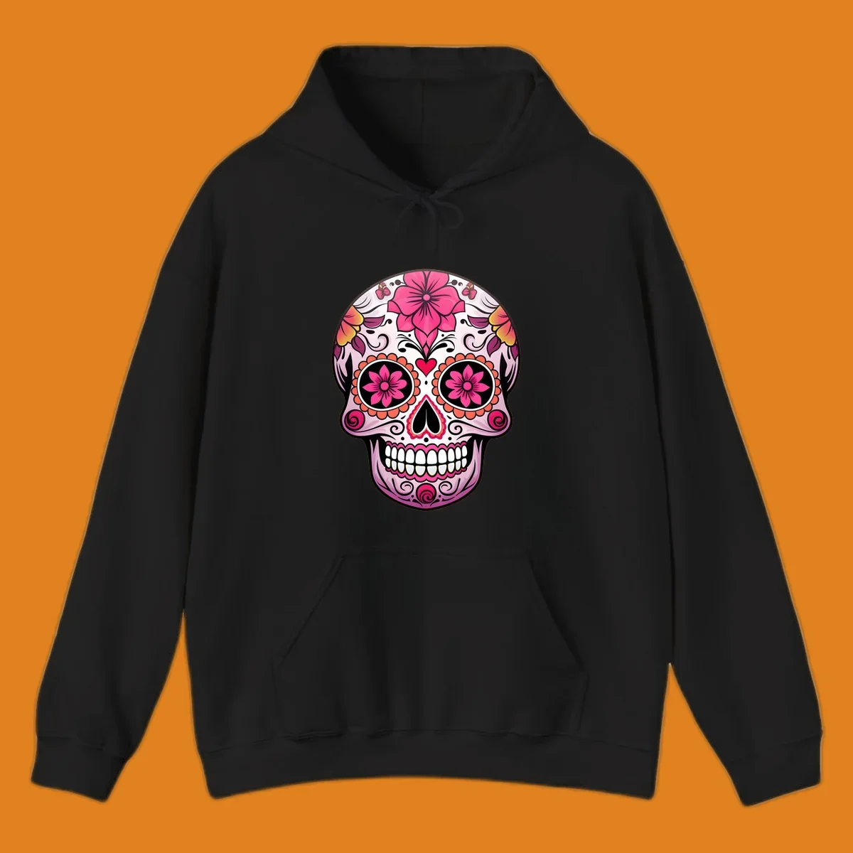 A vibrant floral sugar skull illustration featuring pink flowers, hearts, and butterflies on a light pink skull.