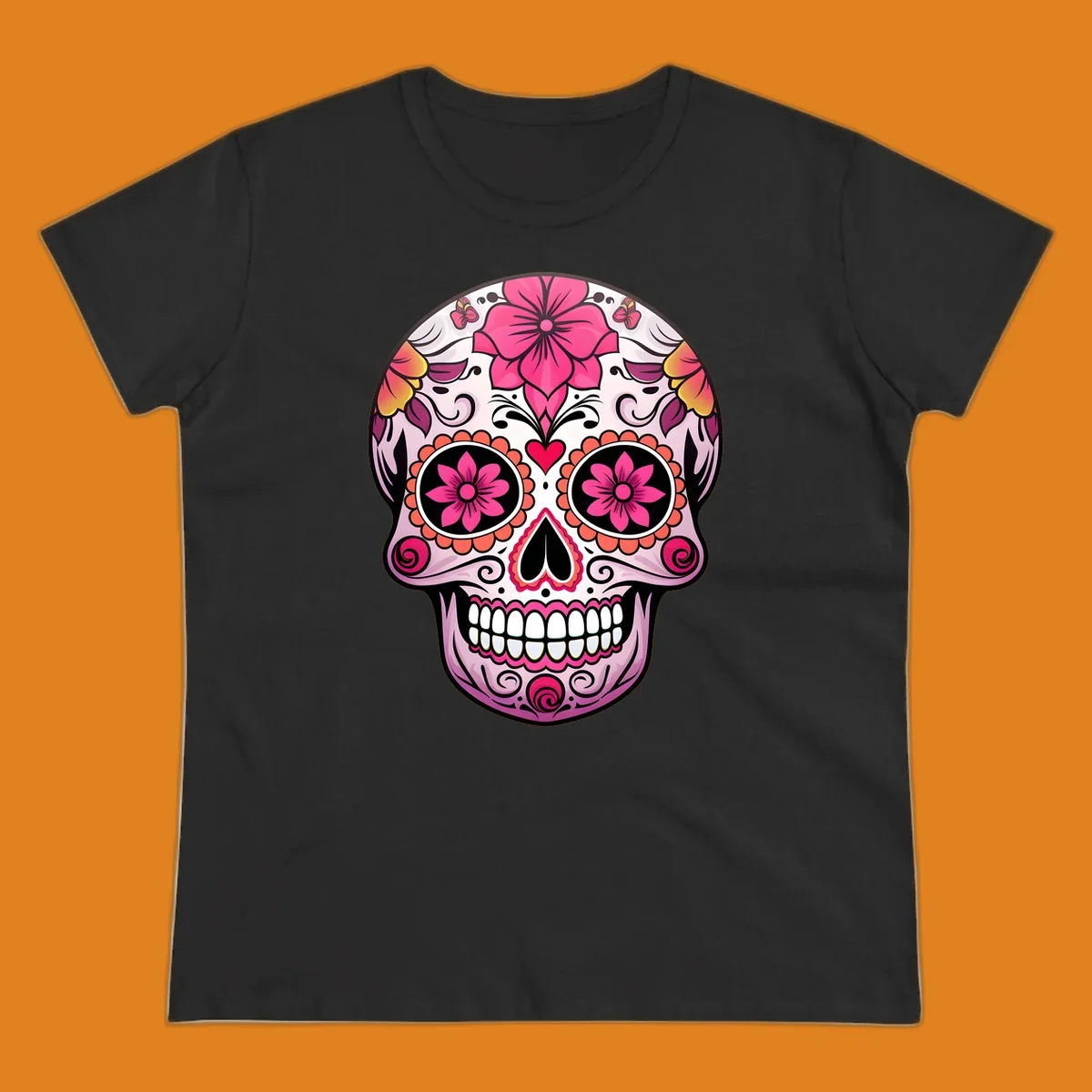 A vibrant floral sugar skull illustration featuring pink flowers, hearts, and butterflies on a light pink skull.