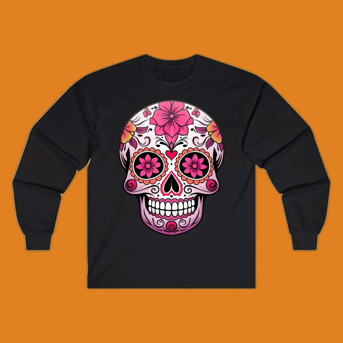A vibrant floral sugar skull illustration featuring pink flowers, hearts, and butterflies on a light pink skull.