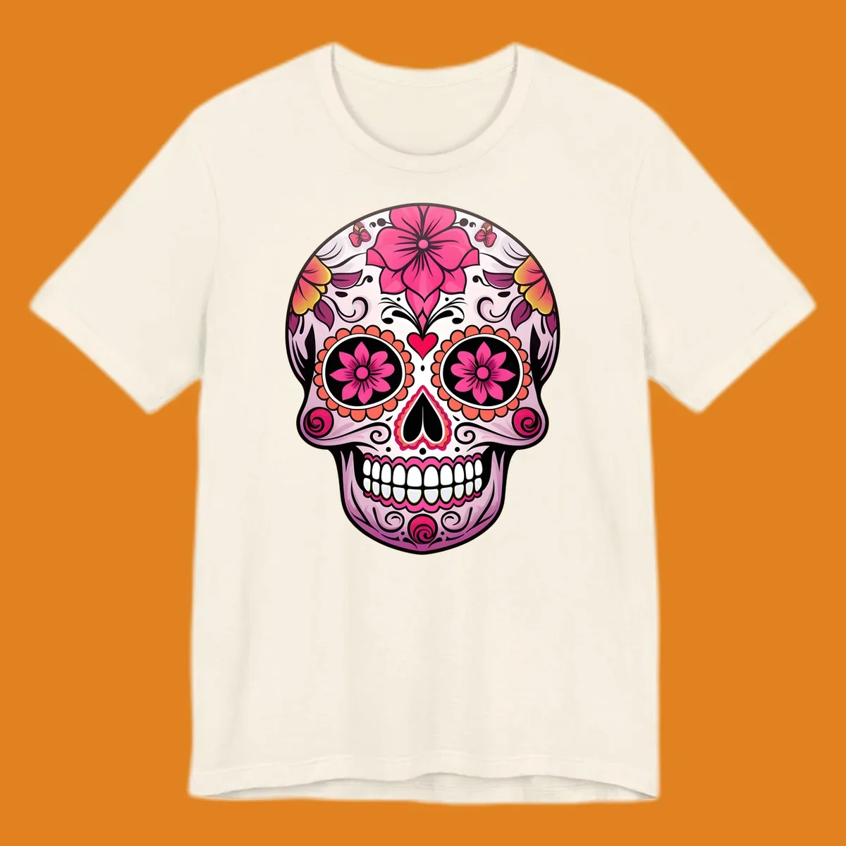A vibrant floral sugar skull illustration featuring pink flowers, hearts, and butterflies on a light pink skull.