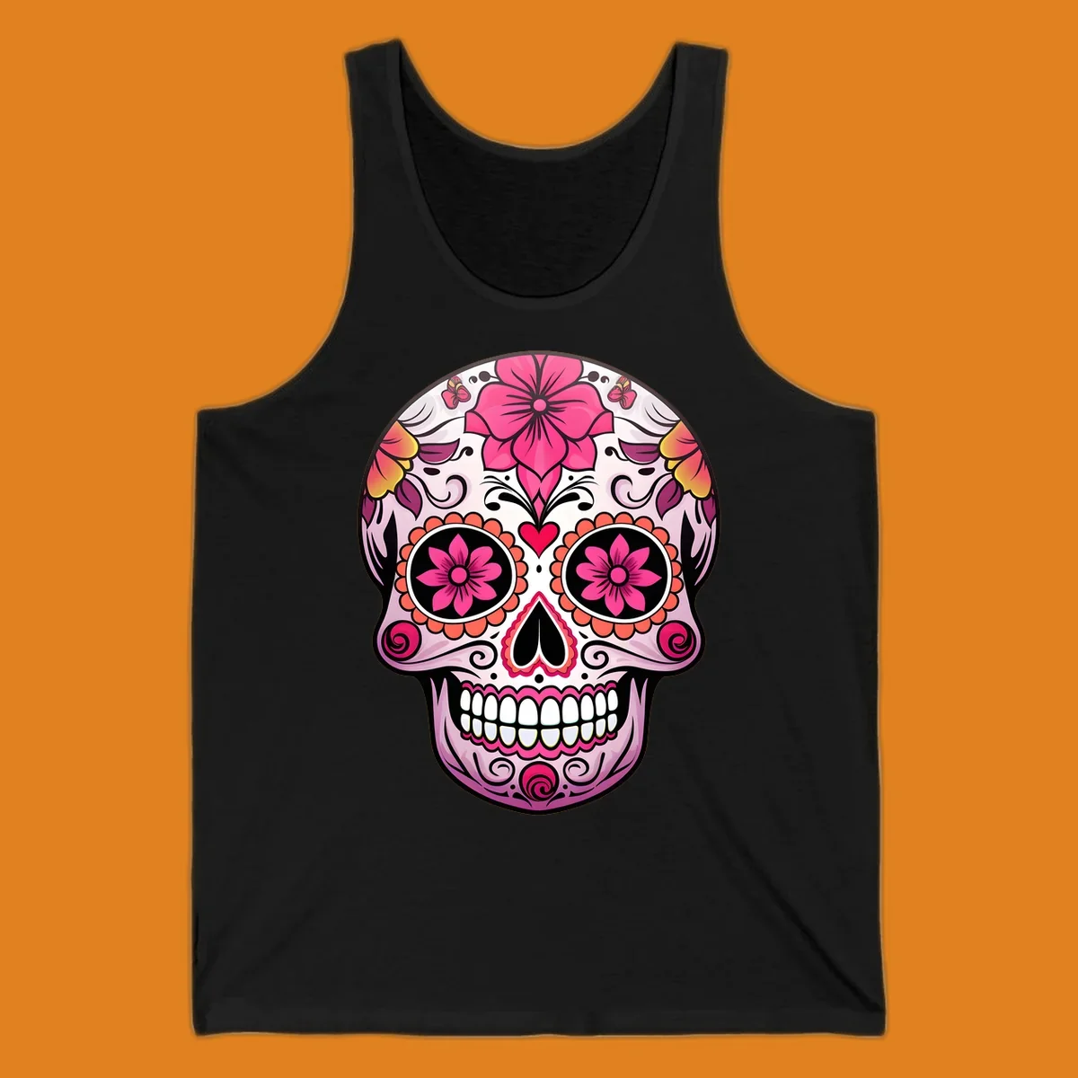 A vibrant floral sugar skull illustration featuring pink flowers, hearts, and butterflies on a light pink skull.