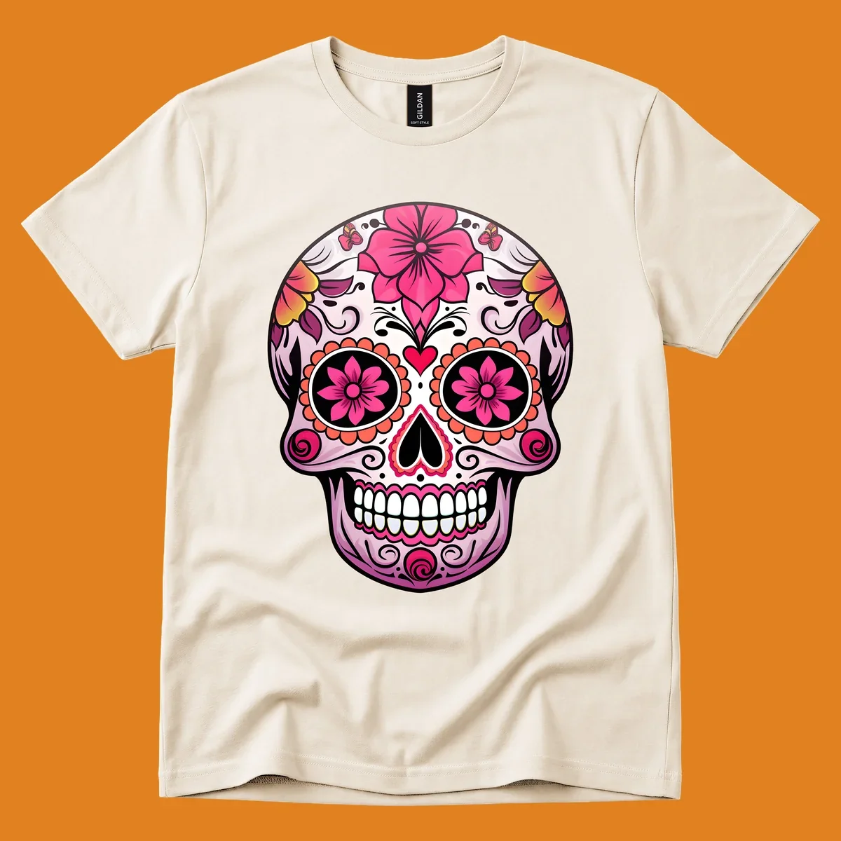 A vibrant floral sugar skull illustration featuring pink flowers, hearts, and butterflies on a light pink skull.