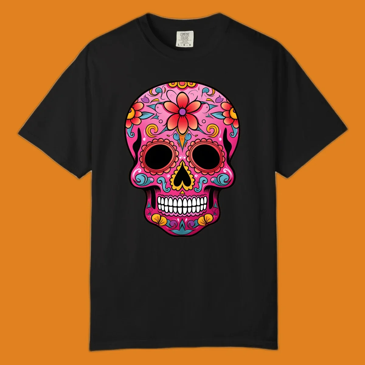 A vibrant pink calavera sugar skull with red, orange, yellow, blue, and purple floral patterns. Features large black eyes and white teeth. primary_keyword_root: vibrant-floral-calavera-skull.