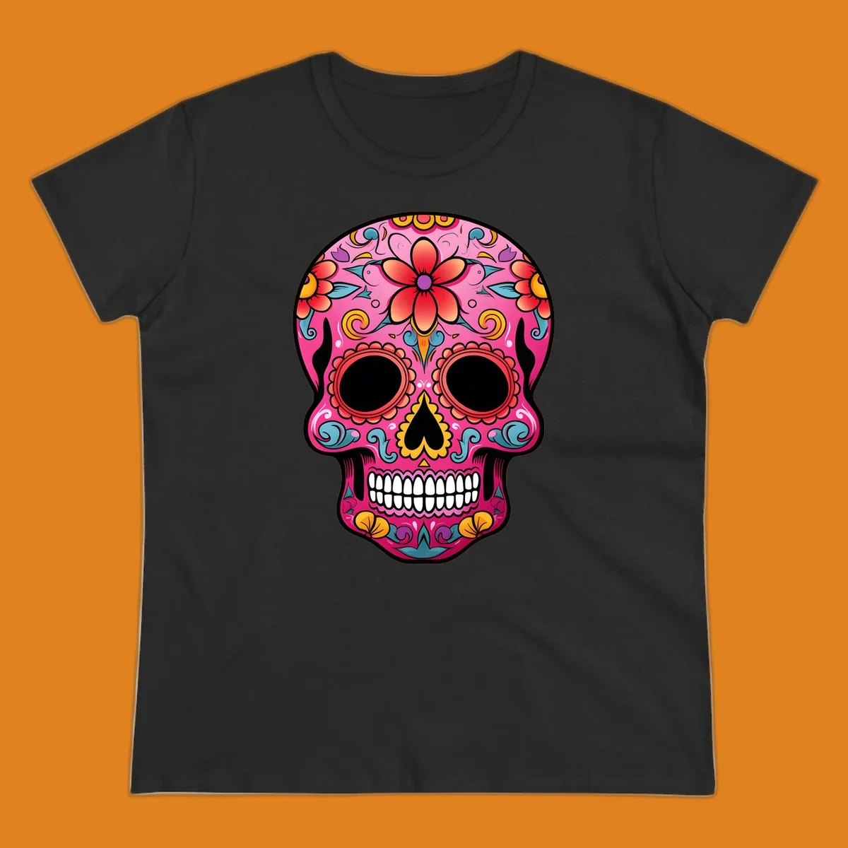 A vibrant pink calavera sugar skull with red, orange, yellow, blue, and purple floral patterns. Features large black eyes and white teeth. primary_keyword_root: vibrant-floral-calavera-skull.