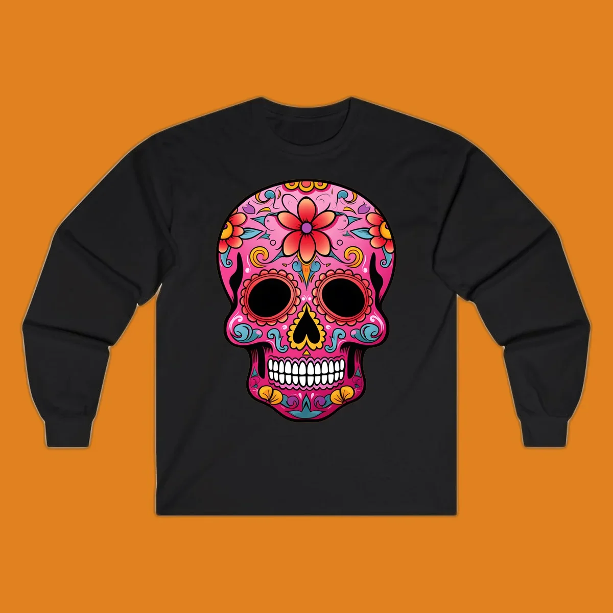 A vibrant pink calavera sugar skull with red, orange, yellow, blue, and purple floral patterns. Features large black eyes and white teeth. primary_keyword_root: vibrant-floral-calavera-skull.