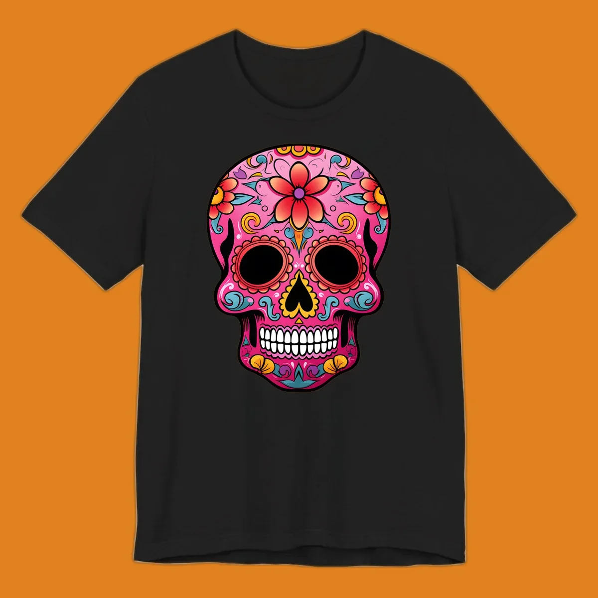 A vibrant pink calavera sugar skull with red, orange, yellow, blue, and purple floral patterns. Features large black eyes and white teeth. primary_keyword_root: vibrant-floral-calavera-skull.