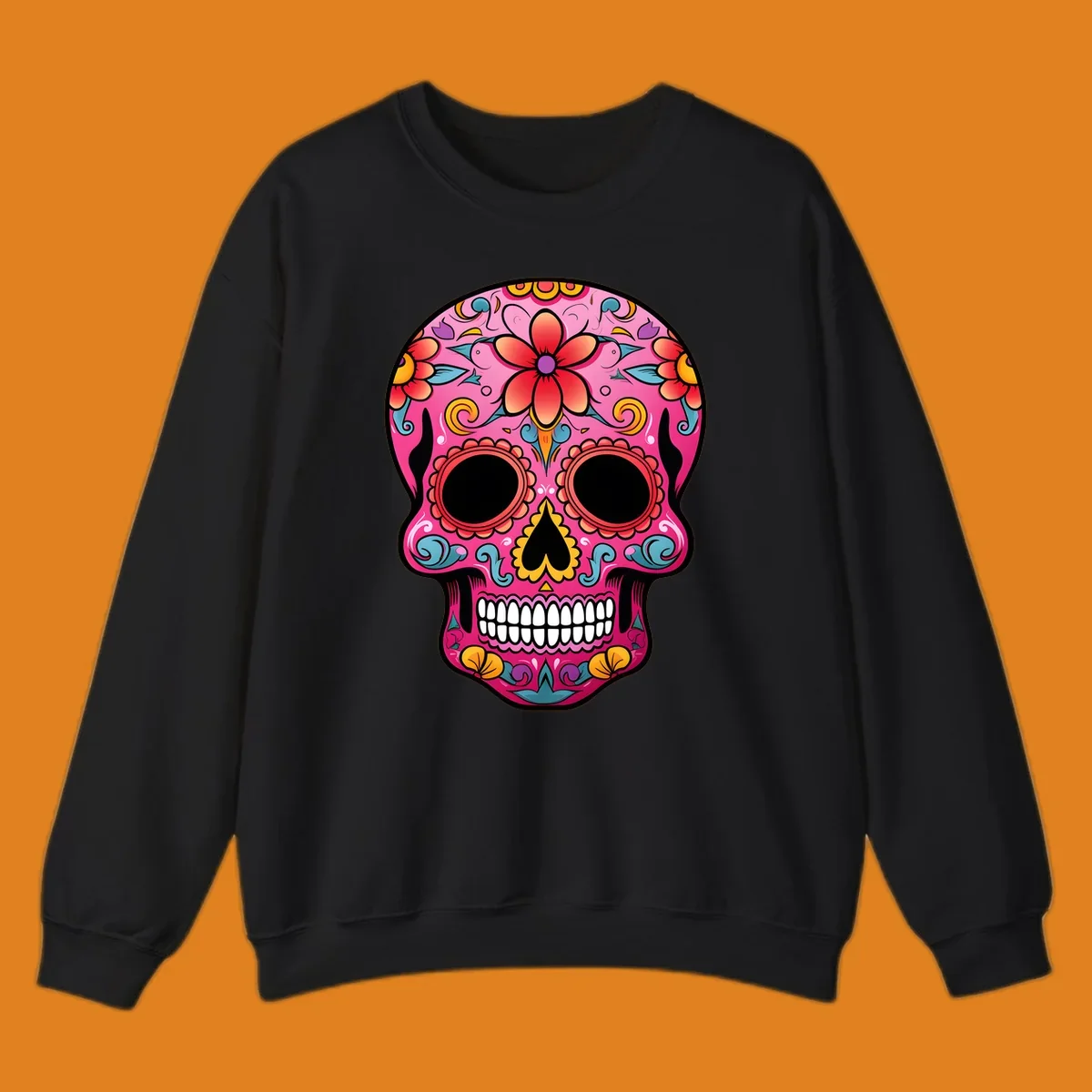 A vibrant pink calavera sugar skull with red, orange, yellow, blue, and purple floral patterns. Features large black eyes and white teeth. primary_keyword_root: vibrant-floral-calavera-skull.