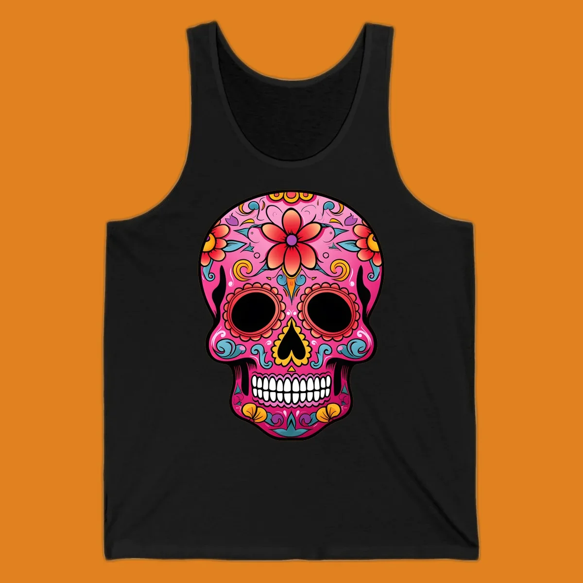 A vibrant pink calavera sugar skull with red, orange, yellow, blue, and purple floral patterns. Features large black eyes and white teeth. primary_keyword_root: vibrant-floral-calavera-skull.
