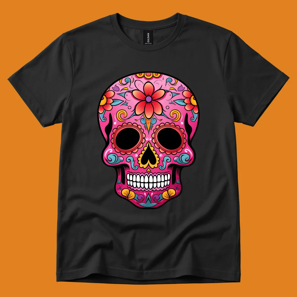 A vibrant pink calavera sugar skull with red, orange, yellow, blue, and purple floral patterns. Features large black eyes and white teeth. primary_keyword_root: vibrant-floral-calavera-skull.
