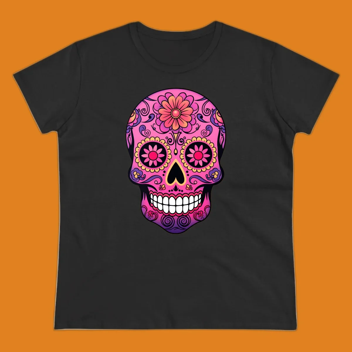 A vibrant pink, purple, yellow, and orange floral sugar skull with a heart nose and ornate swirls.
