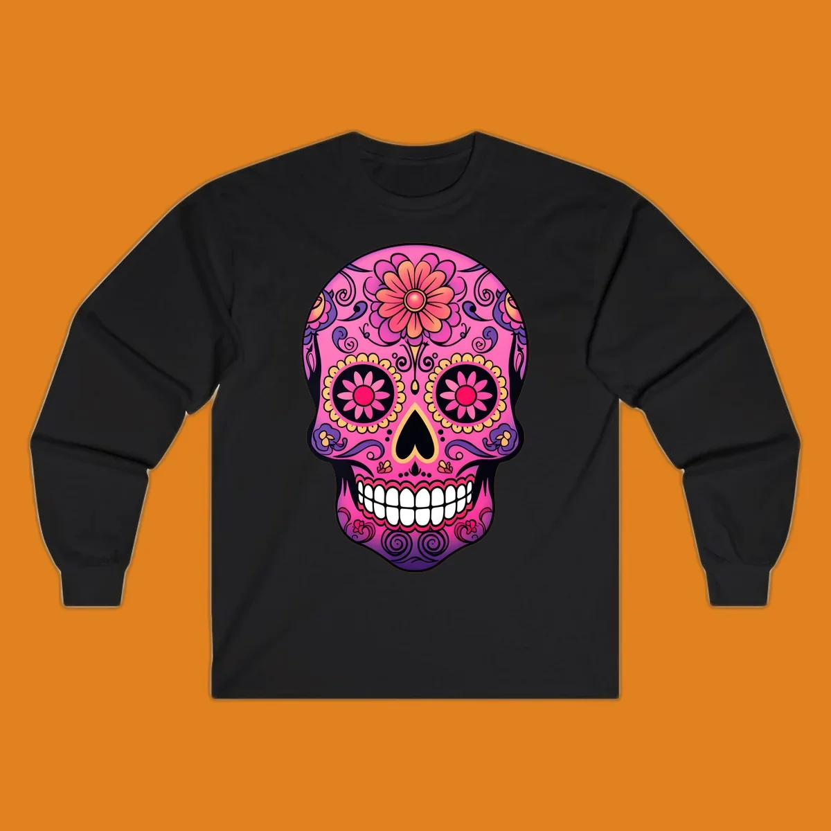 A vibrant pink, purple, yellow, and orange floral sugar skull with a heart nose and ornate swirls.