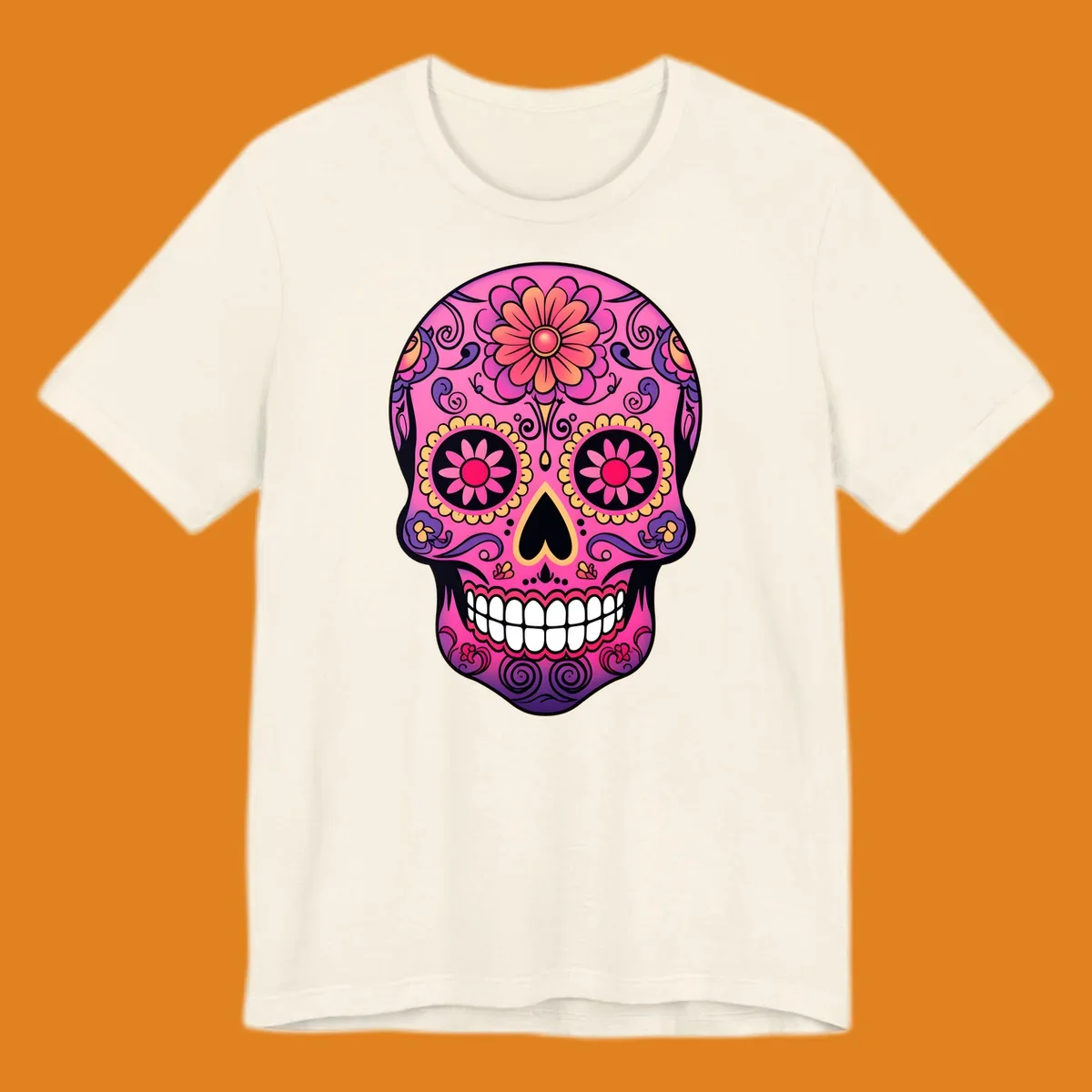 A vibrant pink, purple, yellow, and orange floral sugar skull with a heart nose and ornate swirls.