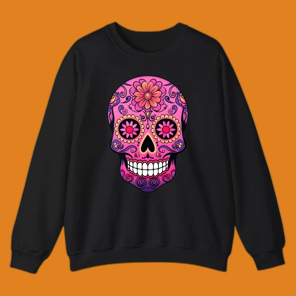 A vibrant pink, purple, yellow, and orange floral sugar skull with a heart nose and ornate swirls.