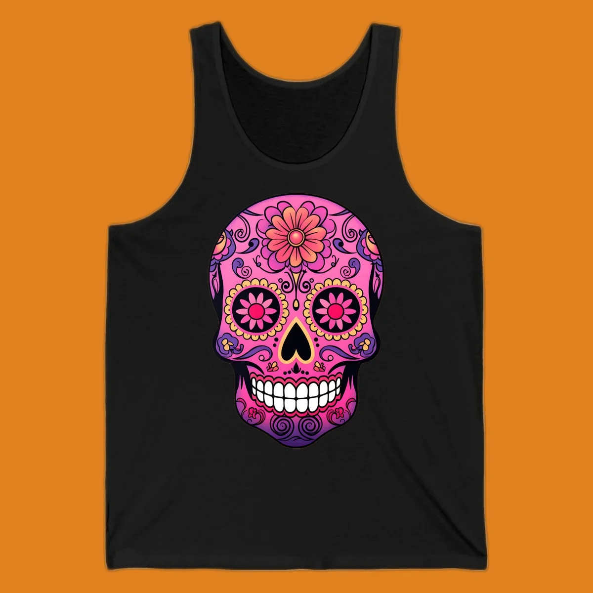 A vibrant pink, purple, yellow, and orange floral sugar skull with a heart nose and ornate swirls.