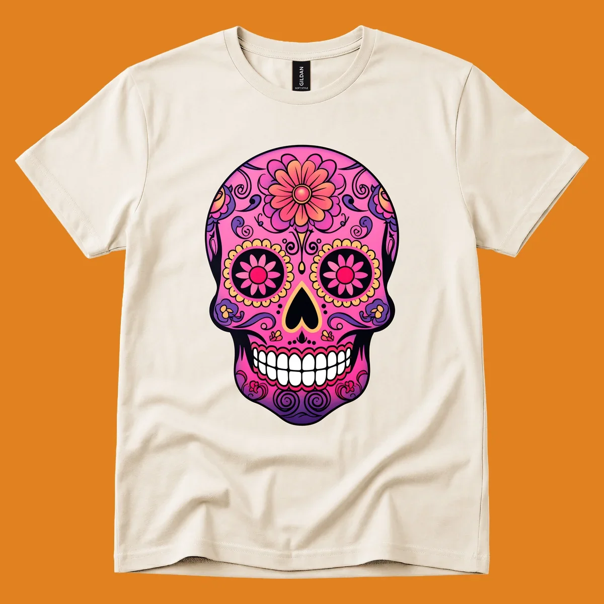 A vibrant pink, purple, yellow, and orange floral sugar skull with a heart nose and ornate swirls.