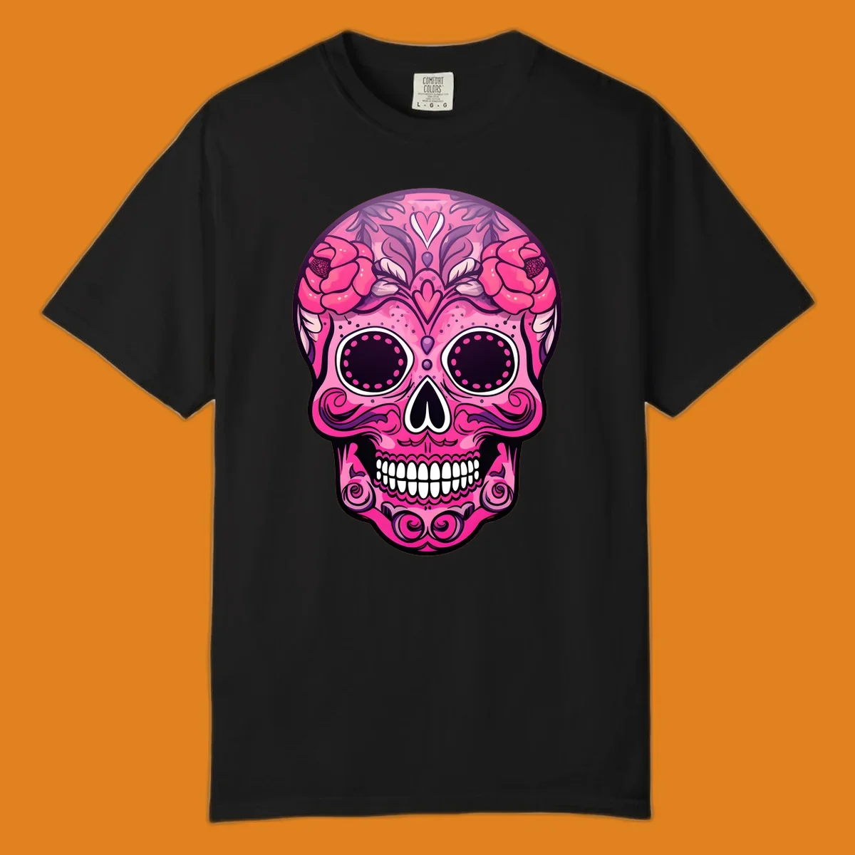A vibrant pink floral calavera skull with decorative swirls, a heart motif, and peony flowers, outlined in black and white.