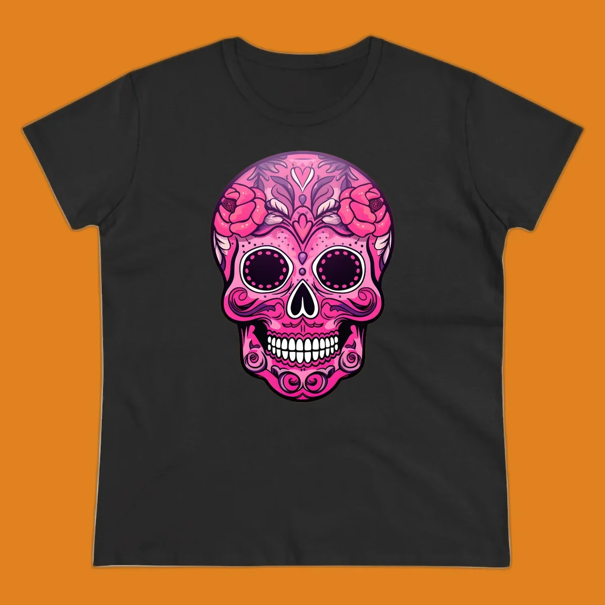 A vibrant pink floral calavera skull with decorative swirls, a heart motif, and peony flowers, outlined in black and white.