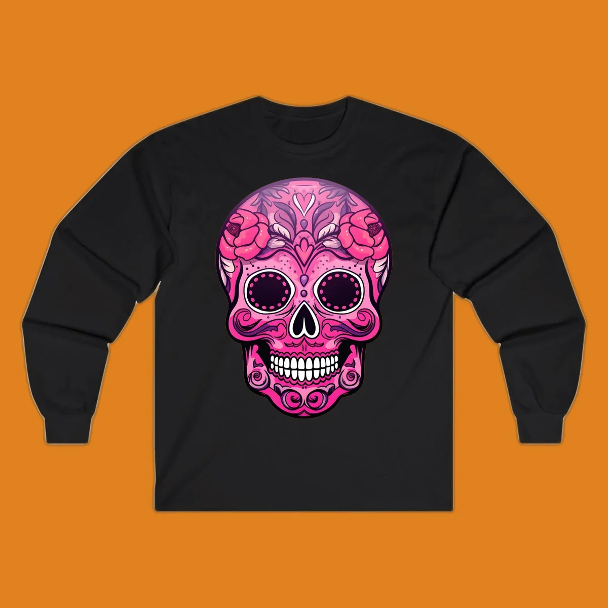 A vibrant pink floral calavera skull with decorative swirls, a heart motif, and peony flowers, outlined in black and white.