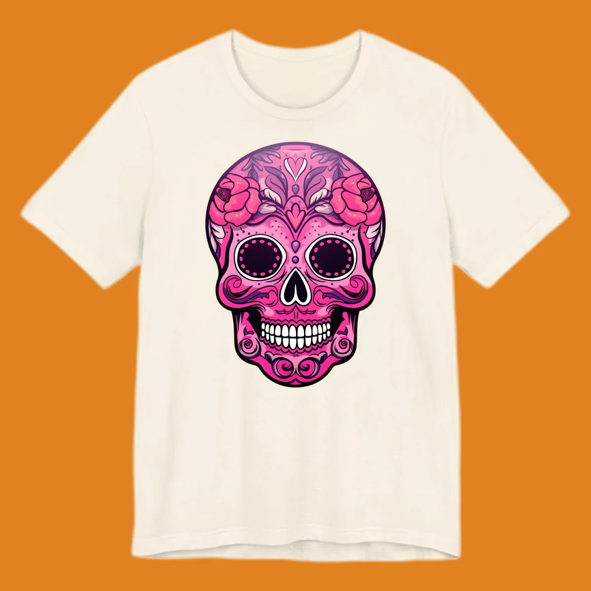 A vibrant pink floral calavera skull with decorative swirls, a heart motif, and peony flowers, outlined in black and white.